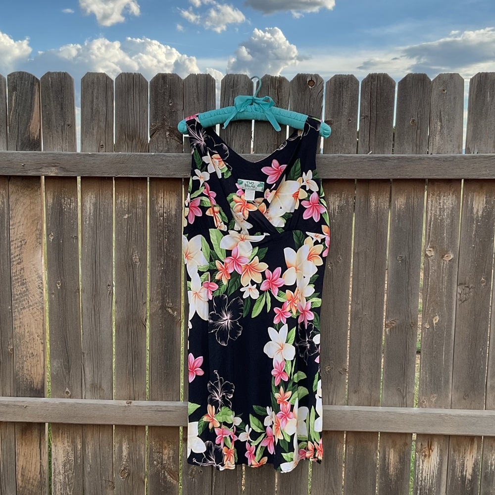 Vintage Hawaiian Mini Dress Dark Floral Two Palms
